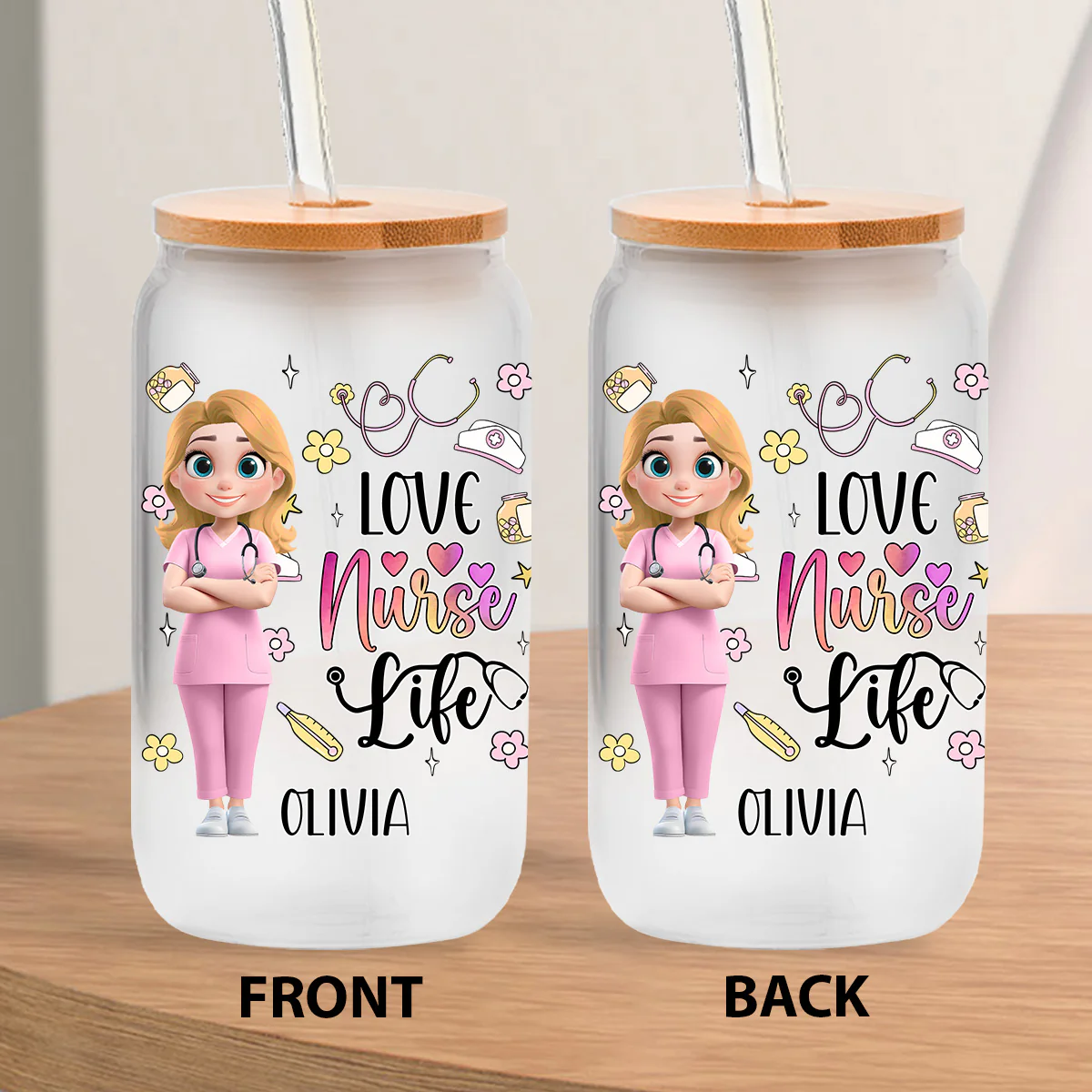 Love Nurse Life - Personalized Custom Glass Can - Image 2
