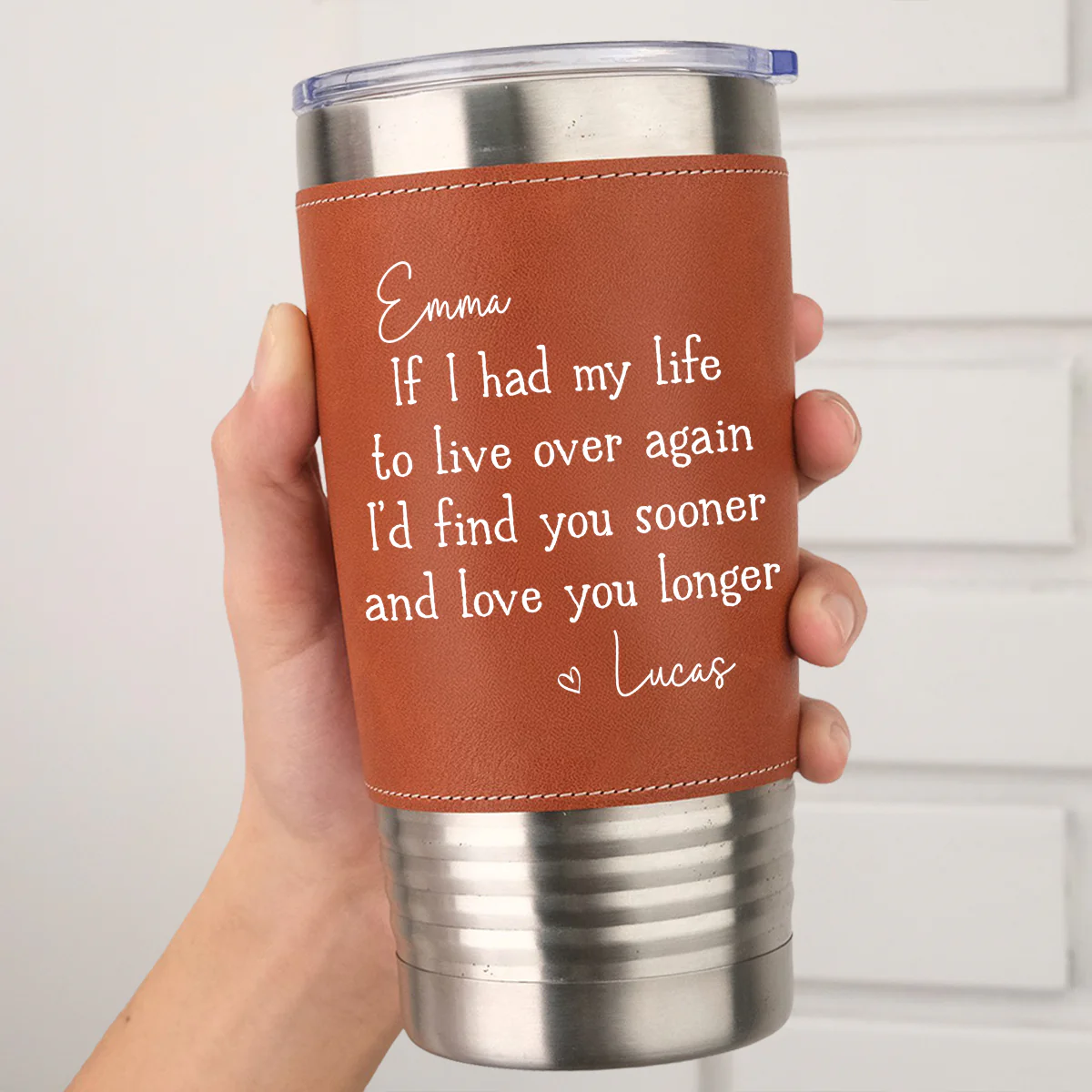 Love You Longer - Personalized Custom Leather Tumbler - Image 3