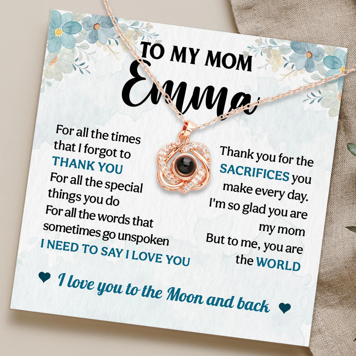 Love You To The Moon And Back - Personalized Custom Preserved Rose With Projection Necklace - Image 2