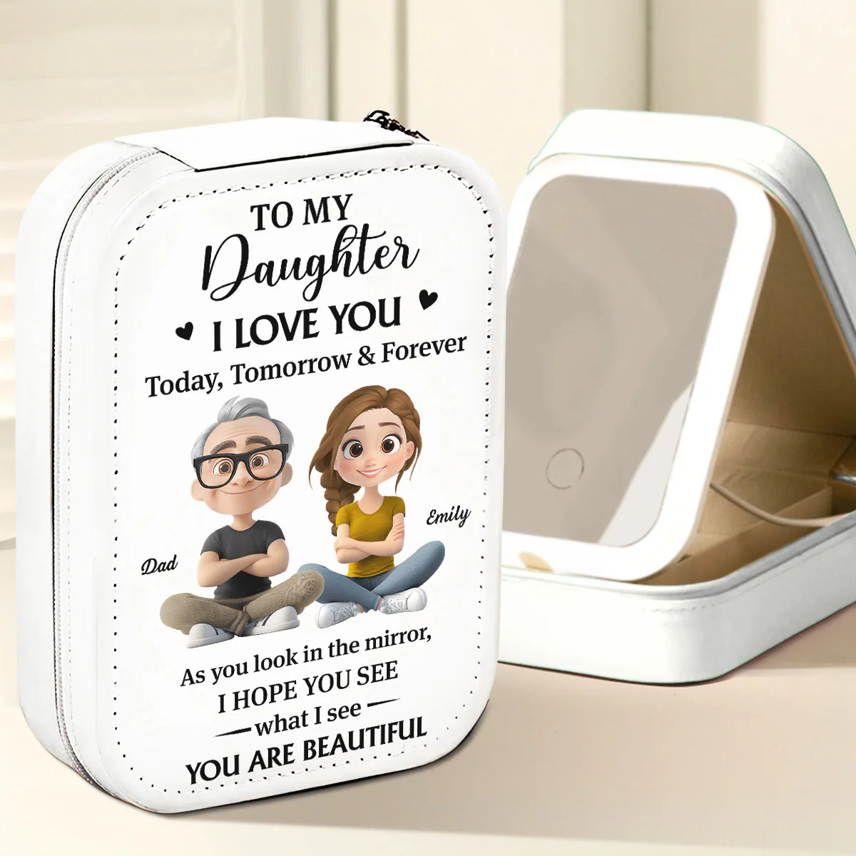 Loved Beyond Words My Daughter - Personalized Custom Jewelry Box With LED Mirror