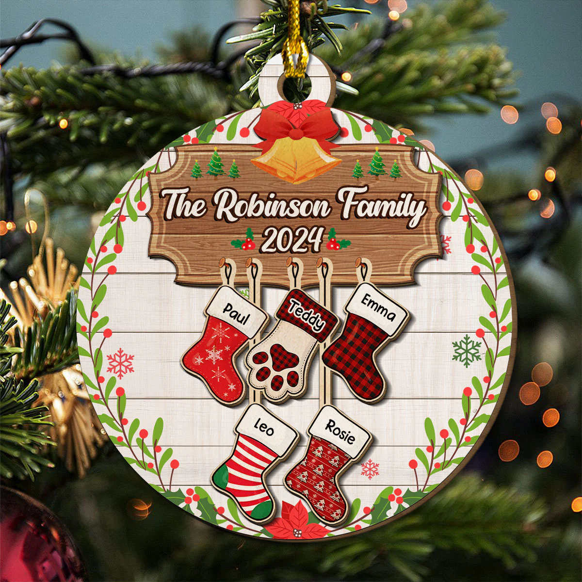 Lovely Family With Pet - Personalized Custom Freeshape 2-Layered Wood Ornament - Image 3