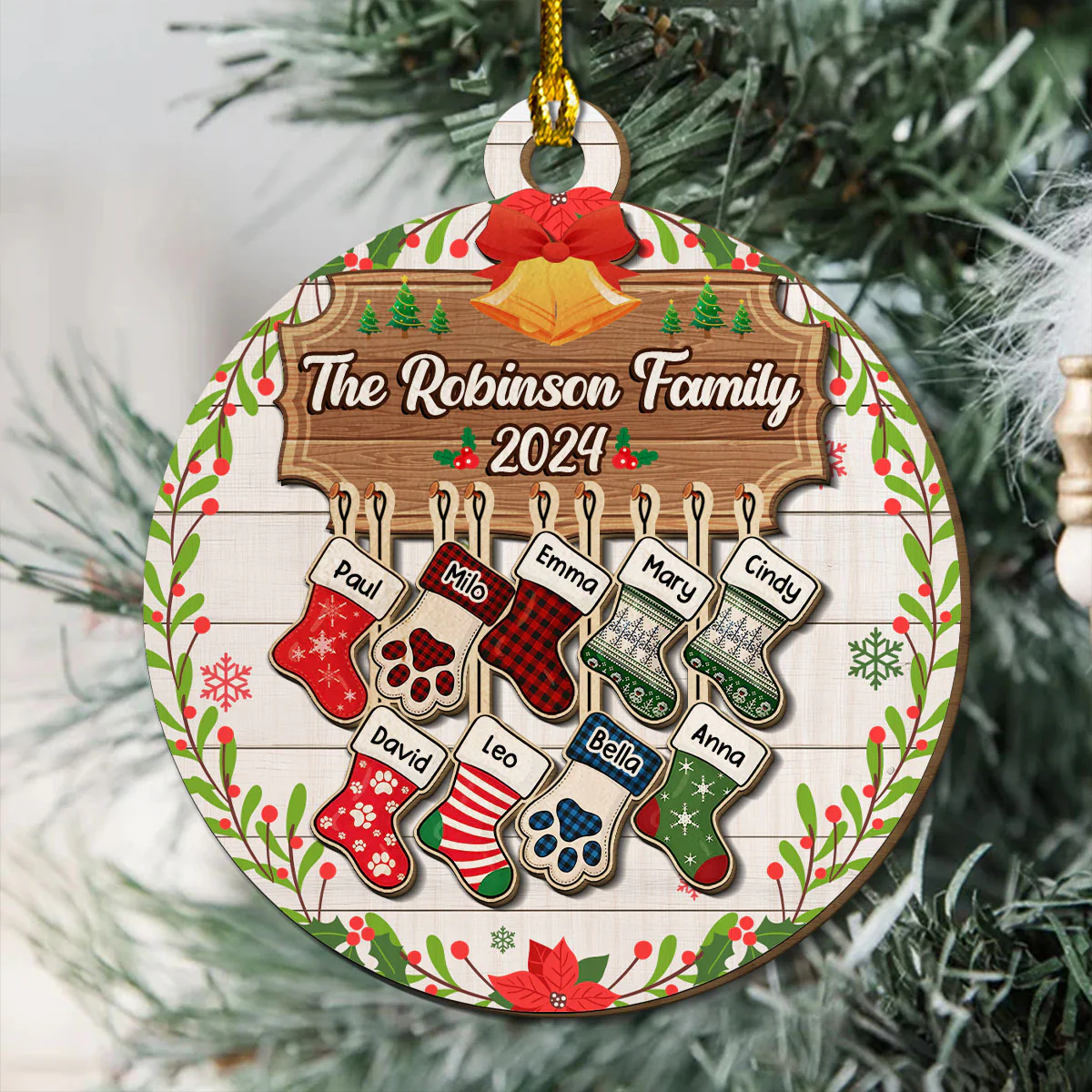 Lovely Family With Pet - Personalized Custom Freeshape 2-Layered Wood Ornament - Image 4
