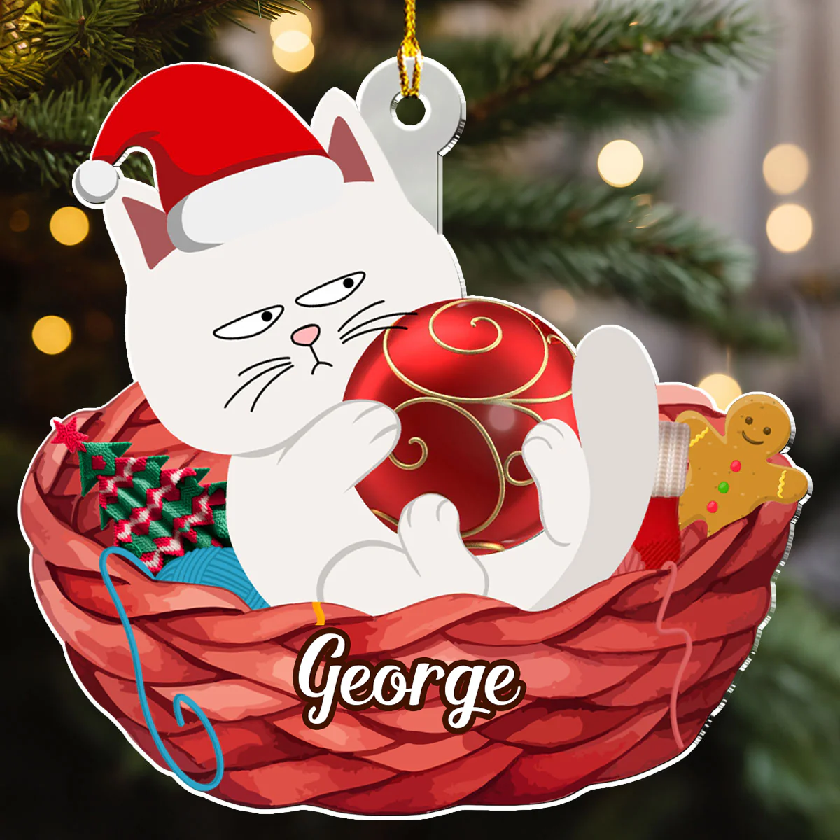 Lovely Swinging Cat Christmas - Personalized Custom Acrylic Ornament - Image 3