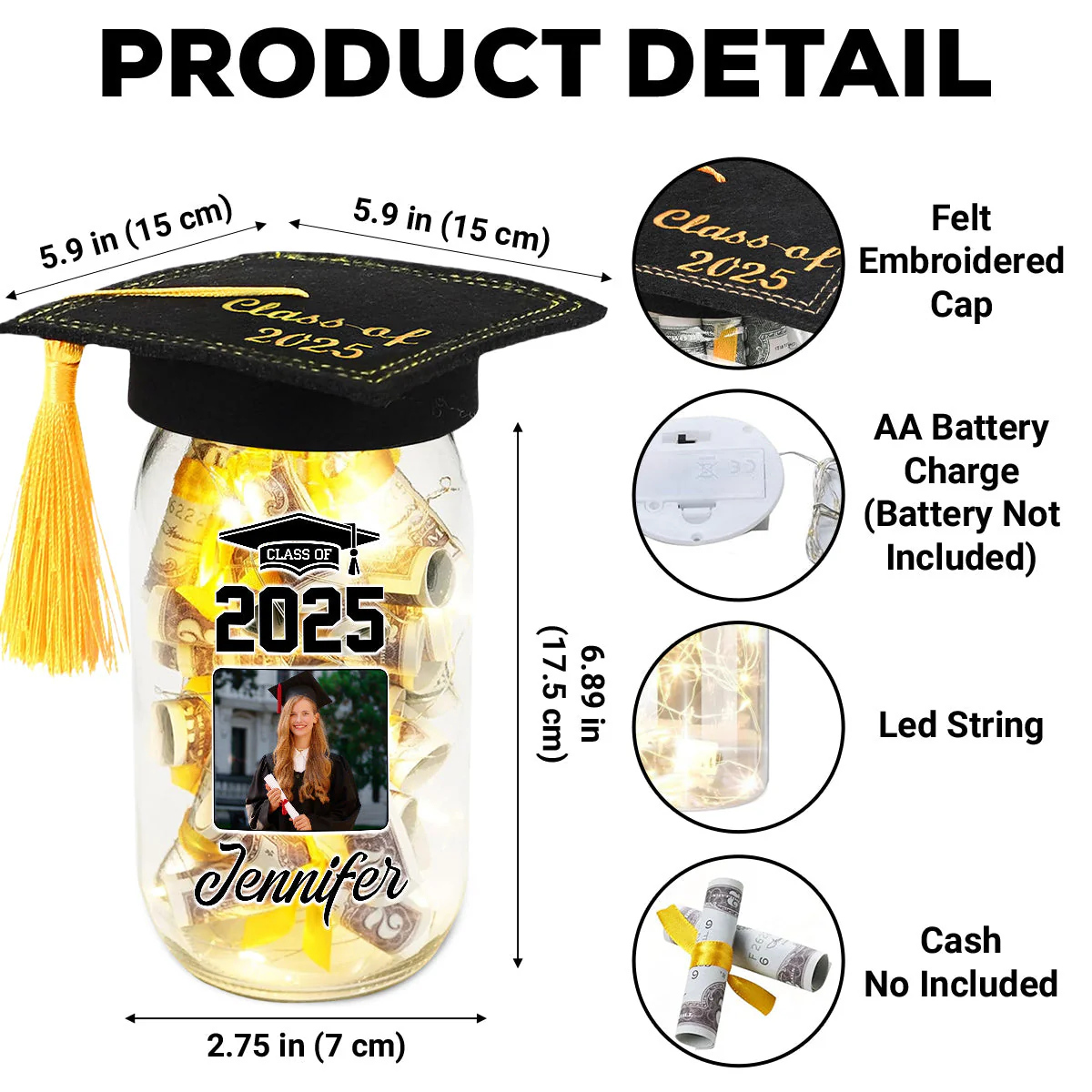 Loving Memory Of - Personalized Custom Graduation Mason Jar Light - Image 4