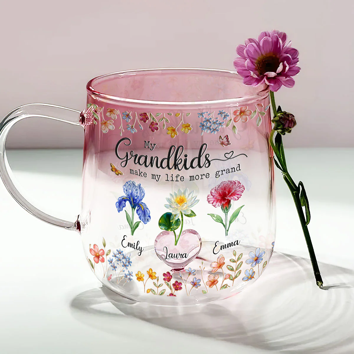 Make Life More Grand With Lovely Kids - Personalized Custom 3D Inflated Effect Pink Gradient Glass Mug - Image 2