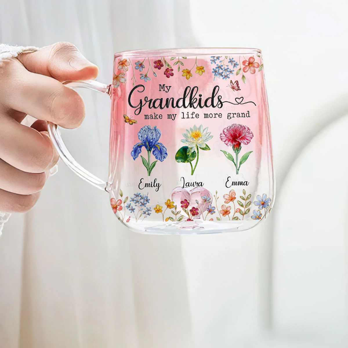 Make Life More Grand With Lovely Kids - Personalized Custom 3D Inflated Effect Pink Gradient Glass Mug - Image 3