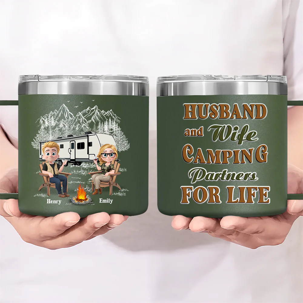 Memories At Campsite - Personalized Custom 14oz Stainless Steel Tumbler With Handle - Image 3