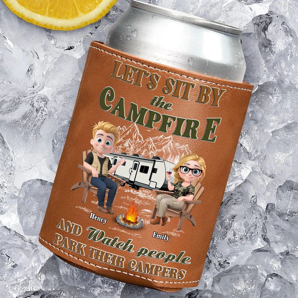 Memories At Campsite - Personalized Custom Leather Can Cooler Holder - Image 2