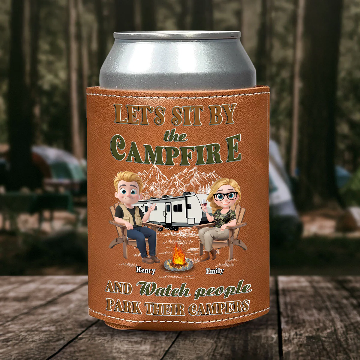 Memories At Campsite - Personalized Custom Leather Can Cooler Holder - Image 3