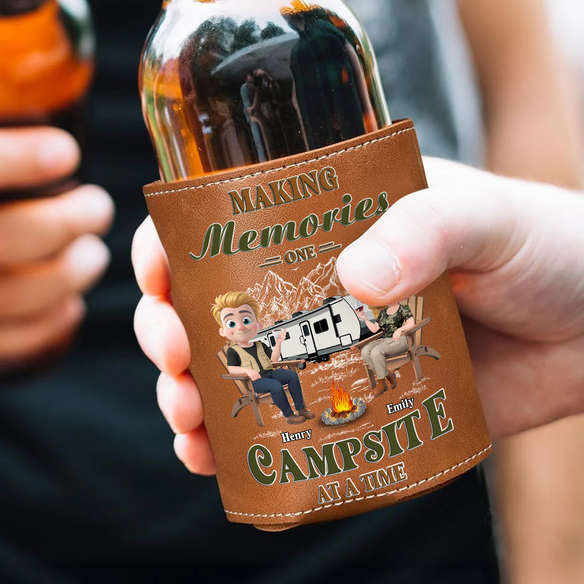 Memories At Campsite - Personalized Custom Leather Can Cooler Holder - Image 5