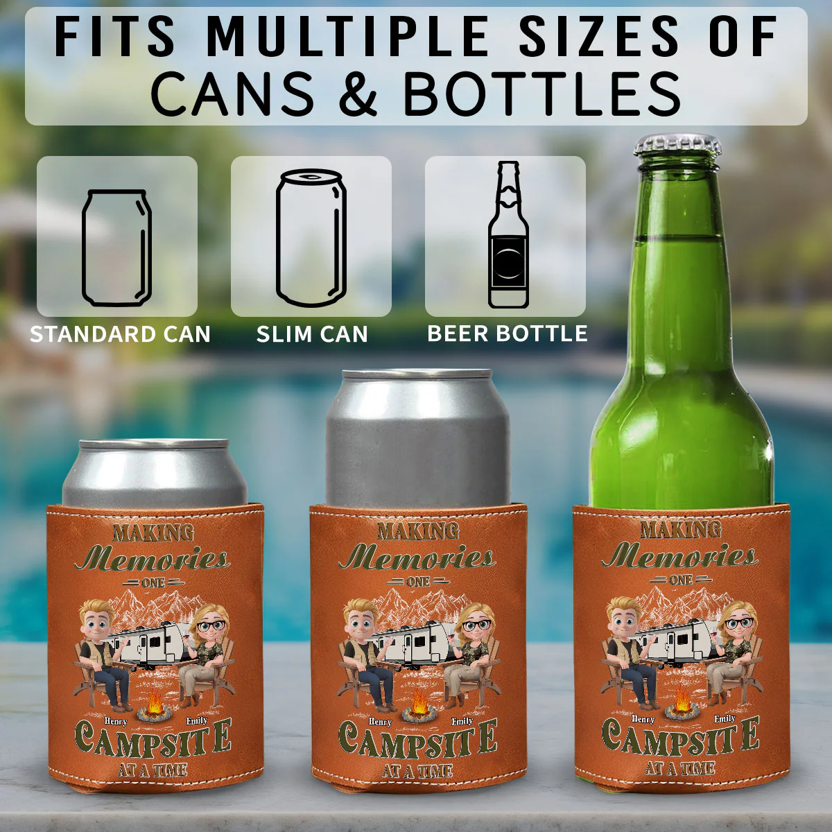 Memories At Campsite - Personalized Custom Leather Can Cooler Holder - Image 6