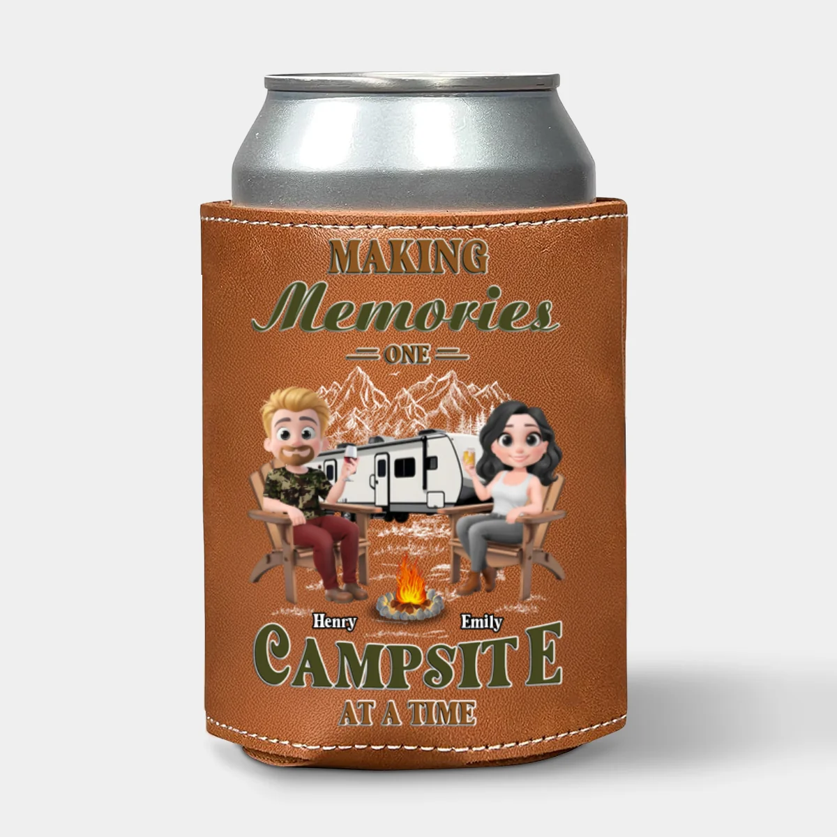 Memories At Campsite - Personalized Custom Leather Can Cooler Holder - Image 8