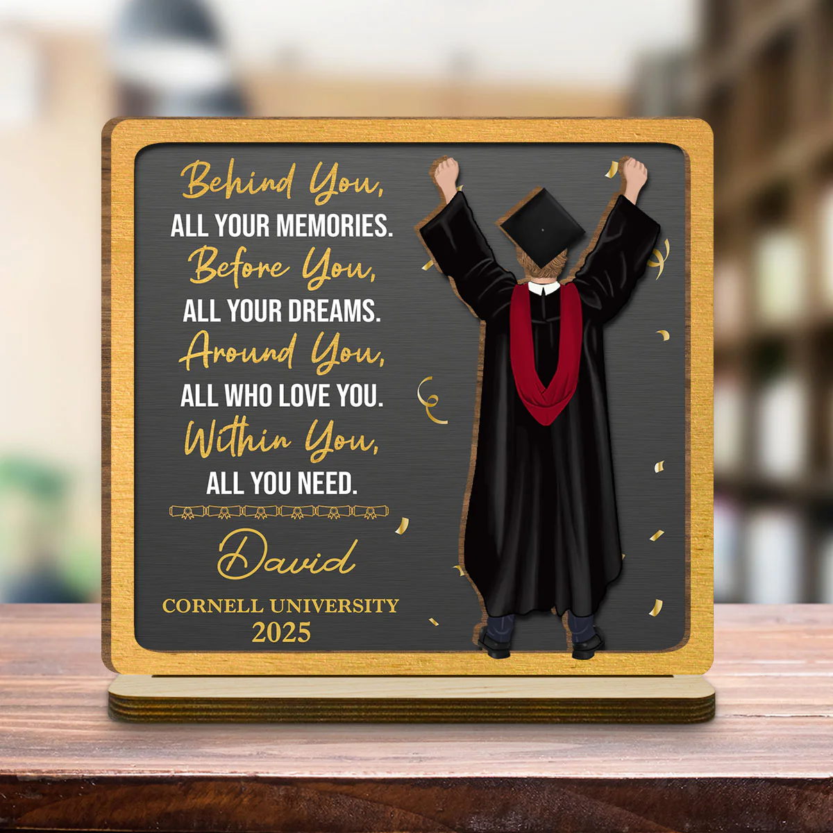 Memories Behind Dreams Ahead - Personalized Custom 2-Layer Wood Plaque With Flat Base - Image 3