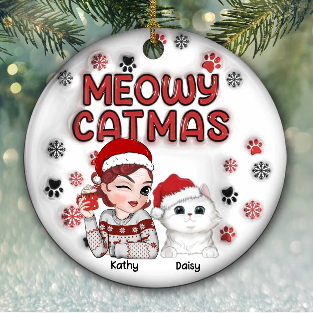Meowy Catmas Cat Mom - Personalized Custom 3D Inflated Effect Ceramic Ornament - Image 6