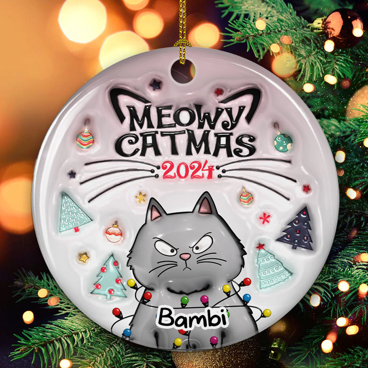 Meowy Catmas - Personalized Custom 3D Inflated Effect Ceramic Ornament - Image 2