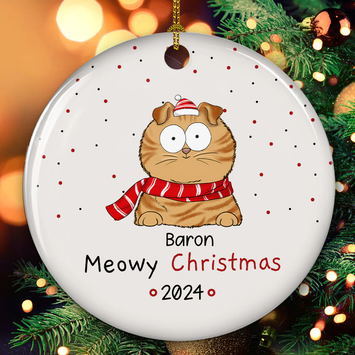 Meowy Christmas - Personalized Custom Circle Ceramic Ornament - Image 2