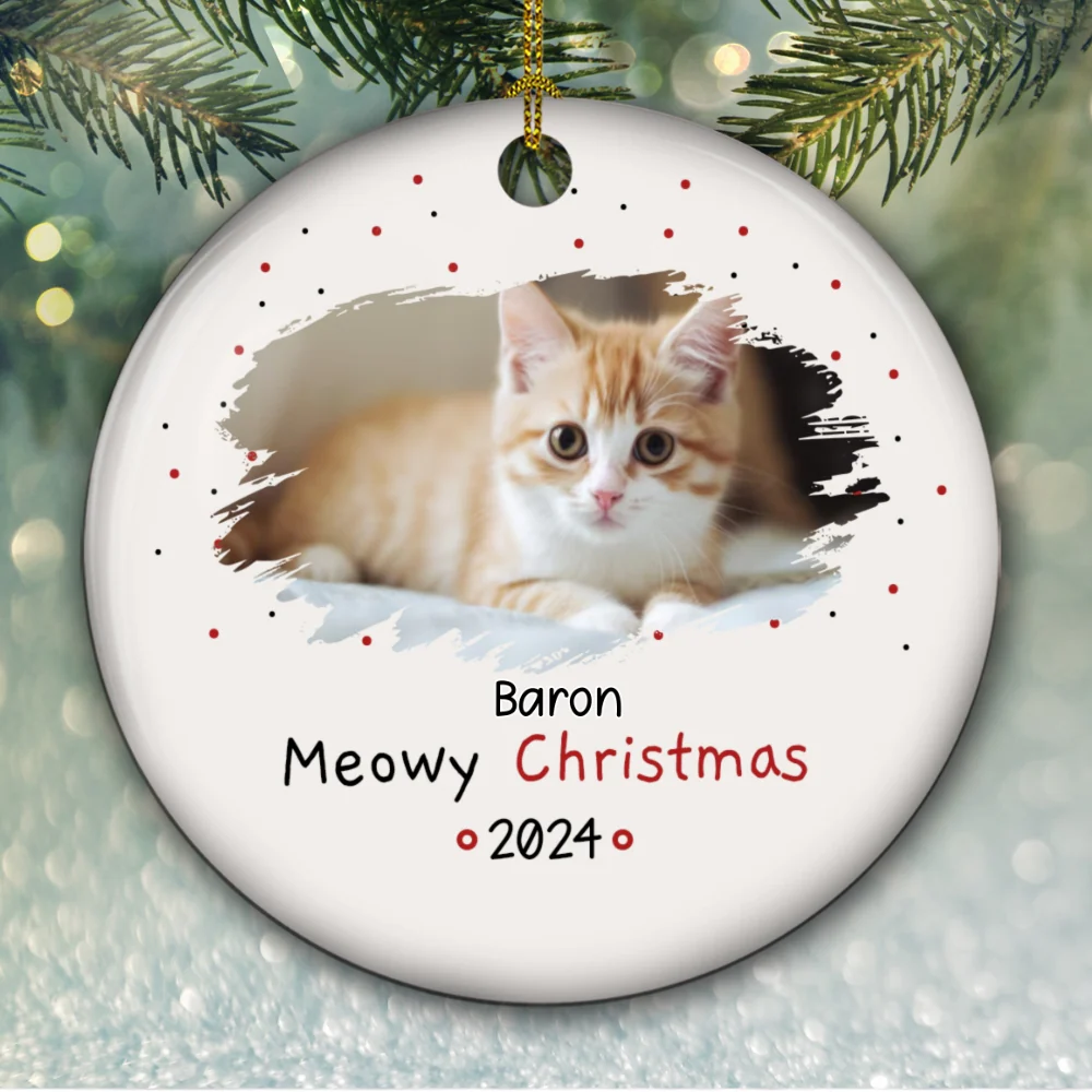 Meowy Christmas Photo - Personalized Custom Circle Ceramic Ornament - Image 2