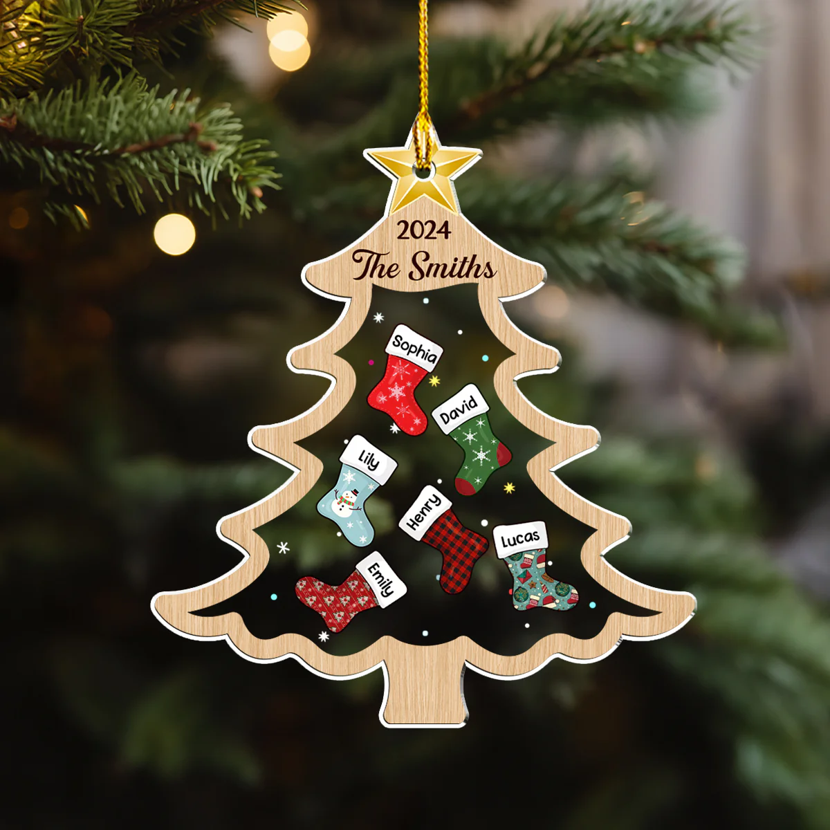 Merry Christmas Socking Family - Personalized Custom Acrylic Ornament - Image 2