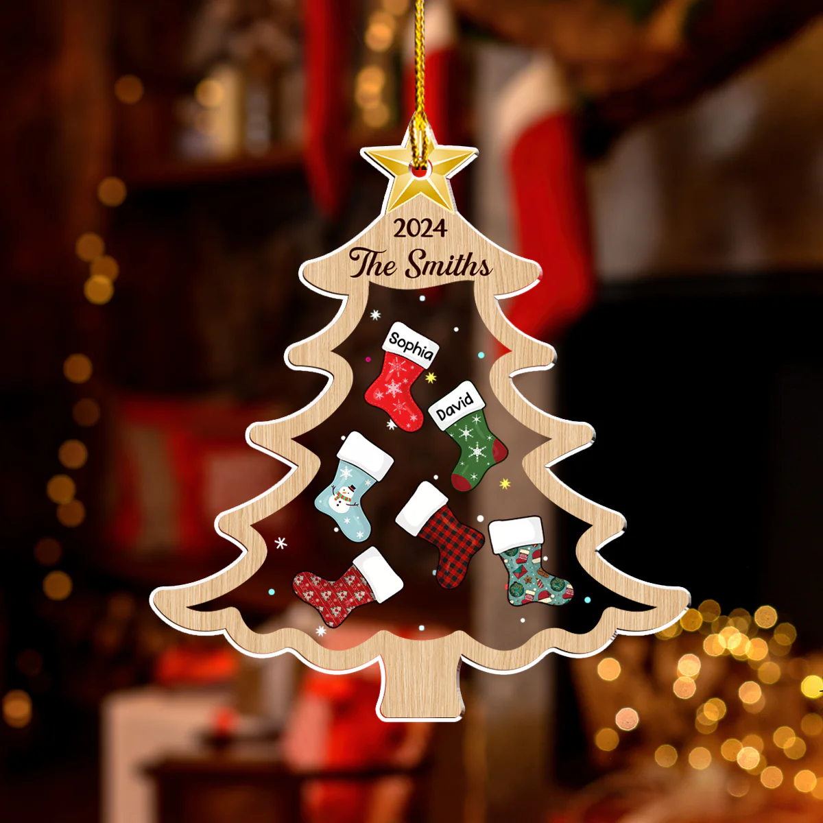 Merry Christmas Socking Family - Personalized Custom Acrylic Ornament - Image 3