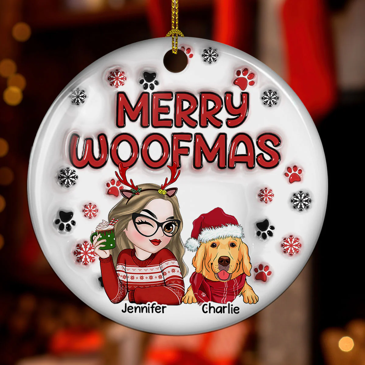 Merry Woofmas Dog Mom -  Personalized Custom 3D Inflated Effect Ceramic Ornament - Image 2