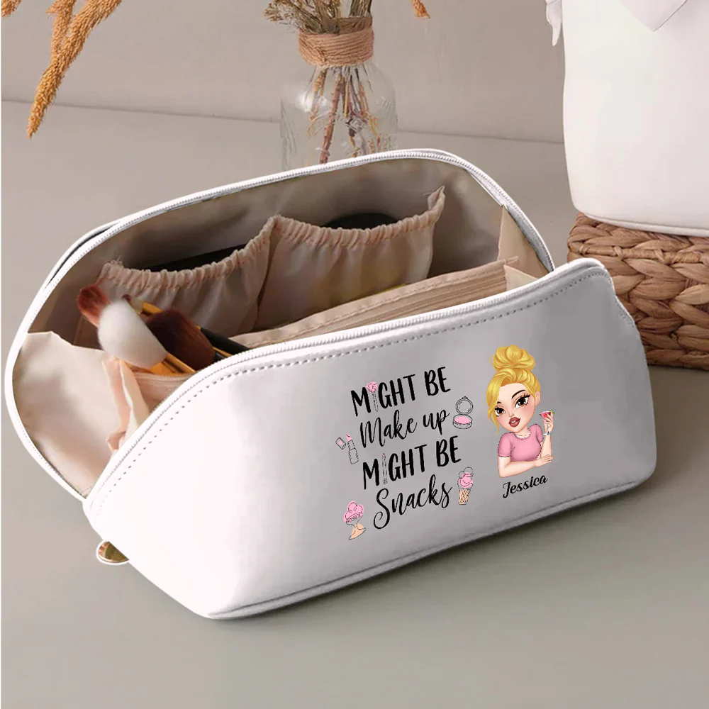 Might Be Make Up Might Be Snacks - Personalized Custom Leather Makeup Bag - Image 4