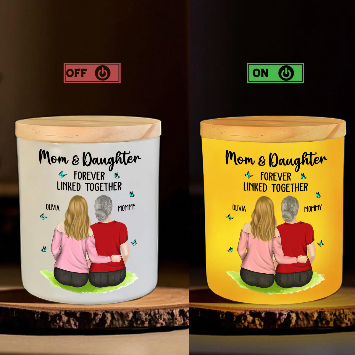 Mom And Children Forever Linked Together - Personalized Custom Glass Jar With LED Candle - Image 5