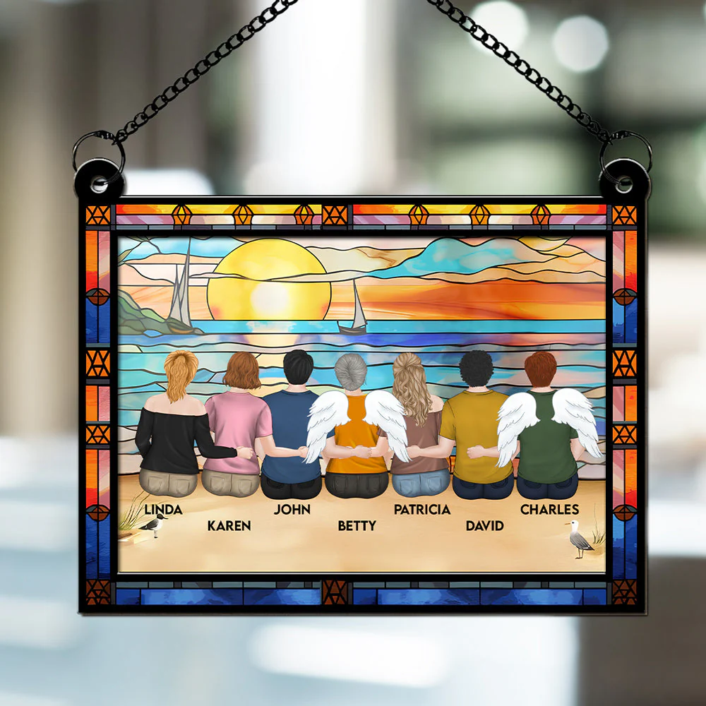 Mom And Children Sitting On The Beach - Personalized Custom Suncatcher - Image 5
