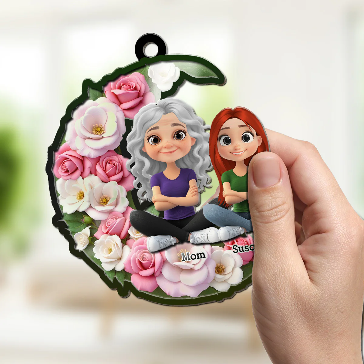 Mom And Children Sitting Together - Personalized Custom Suncatcher - Image 3