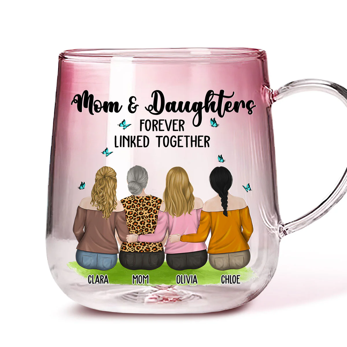 Mom And Daughter Connected by Love - Personalized Custom Pink Gradient Glass Mug - Image 2