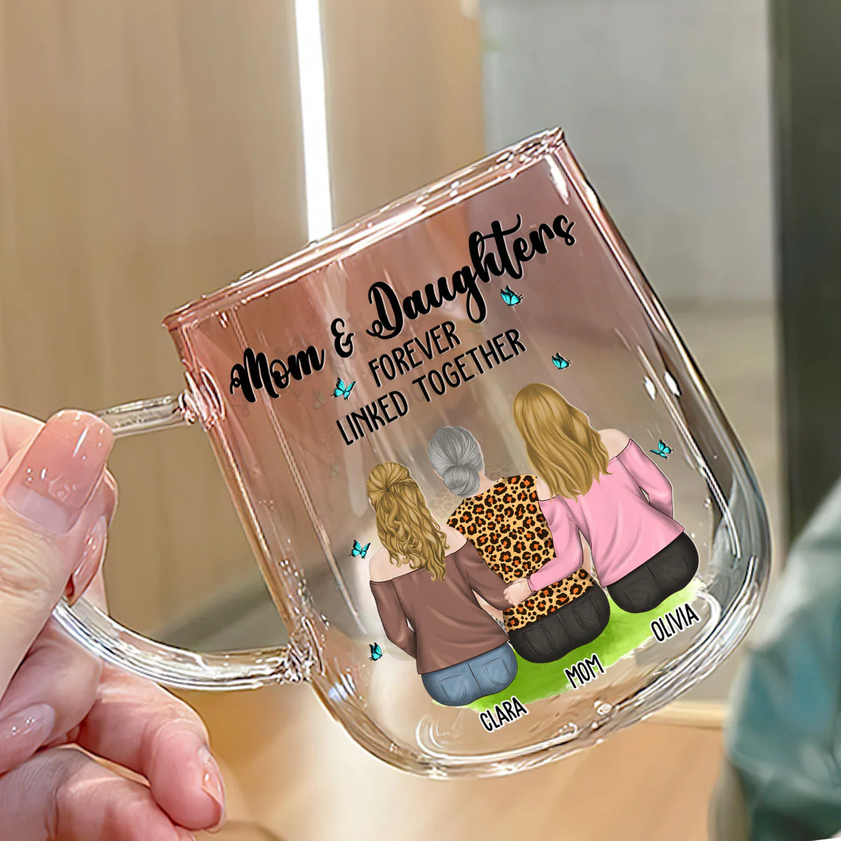 Mom And Daughter Connected by Love - Personalized Custom Pink Gradient Glass Mug - Image 3