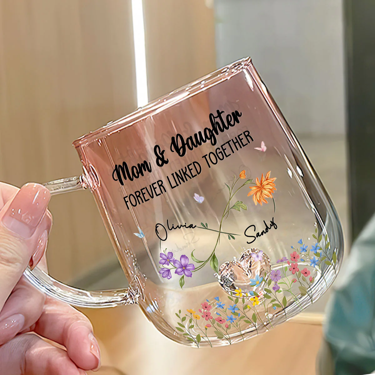 Mom And Daughter Forever Linked - Personalized Custom Pink Gradient Glass Mug - Image 3