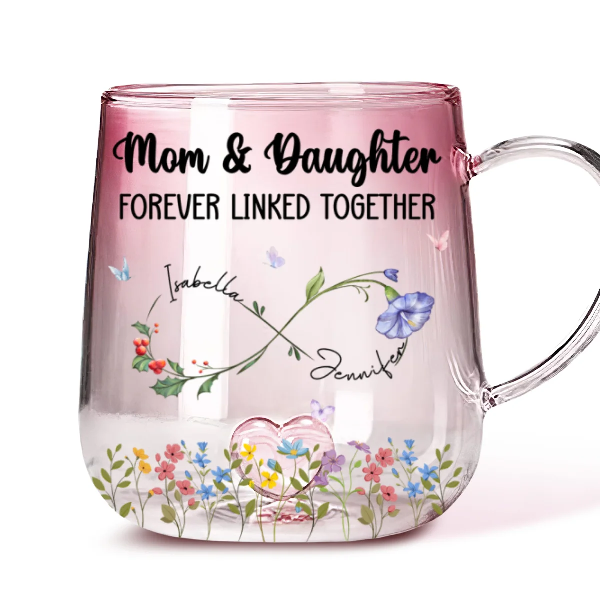 Mom And Daughter Forever Linked - Personalized Custom Pink Gradient Glass Mug - Image 5