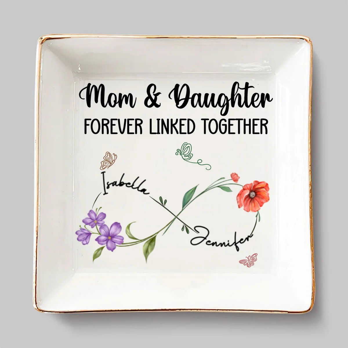 Mom And Daughter Forever Linked Together Birthmonth Flower - Personalized Custom Jewelry Dish - Image 5