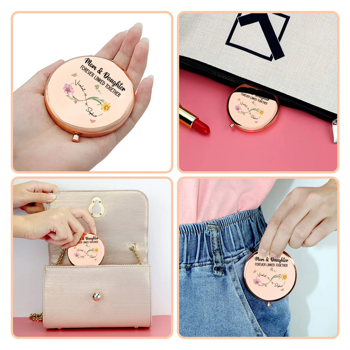 Mom And Daughter Forever Linked Together - Personalized Custom Compact Mirror - Image 3