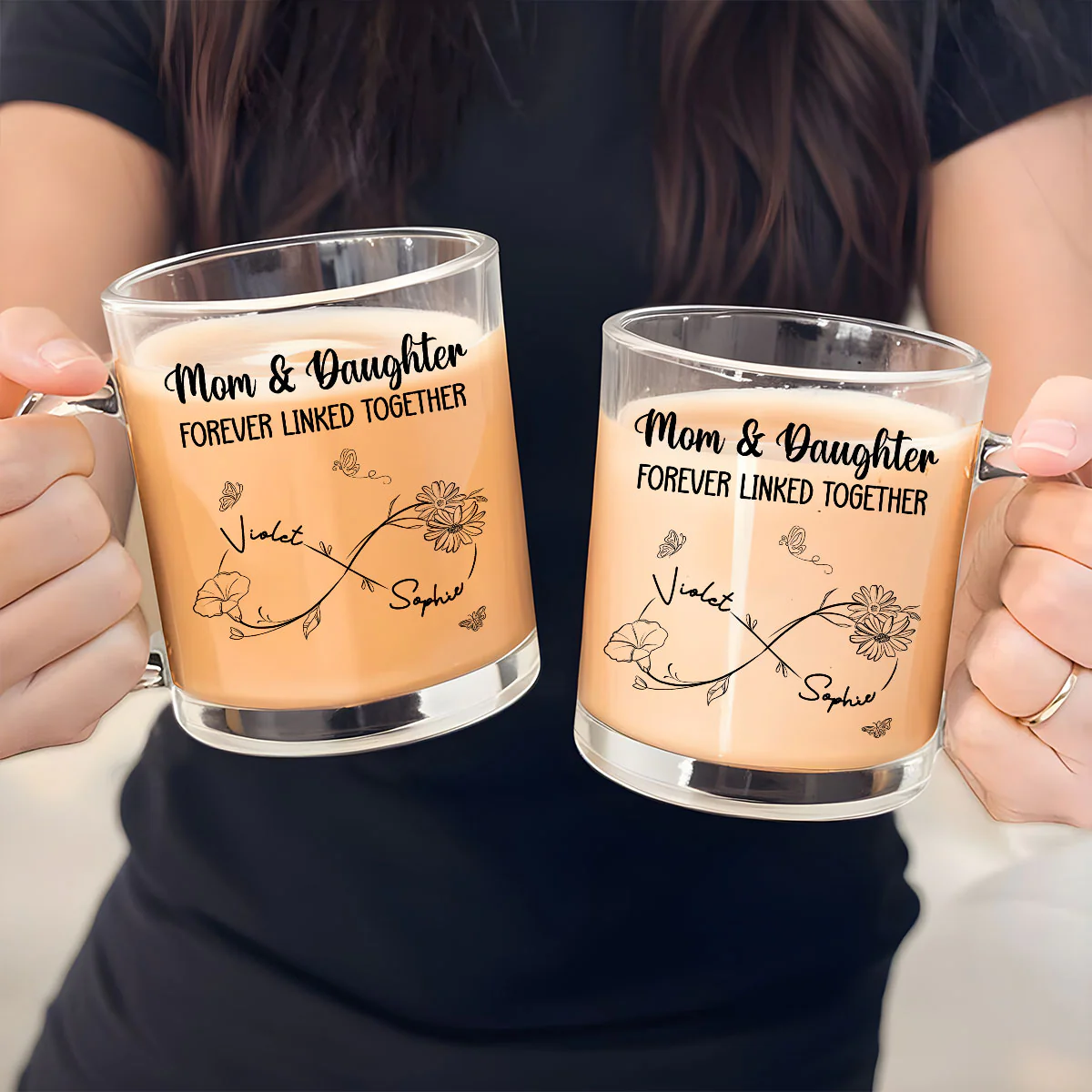 Mom And Daughter Forever Linked Together -  Personalized Custom Glass Mug - Image 3