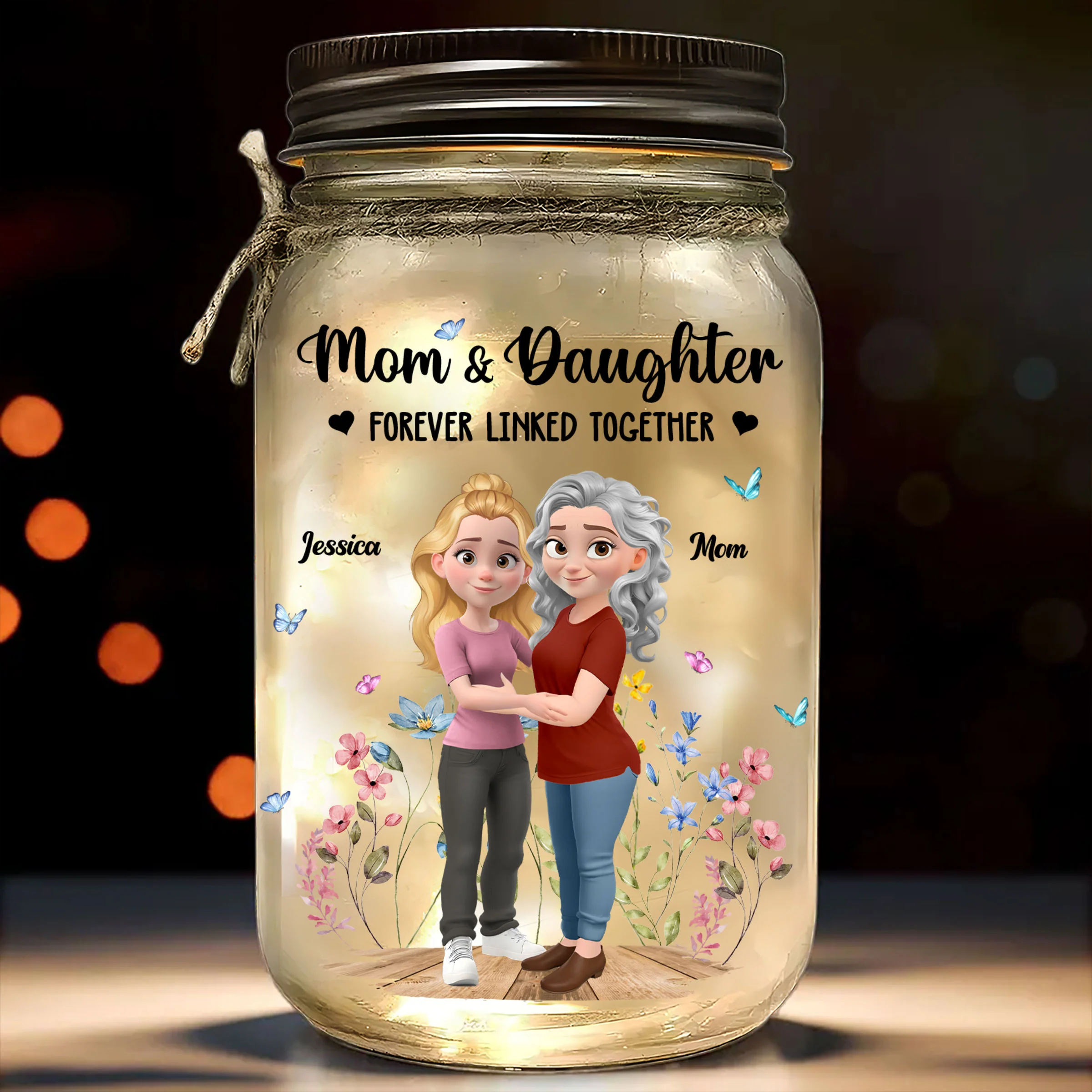 Mom And Daughter Forever Linked Together - Personalized Custom Mason Jar Light