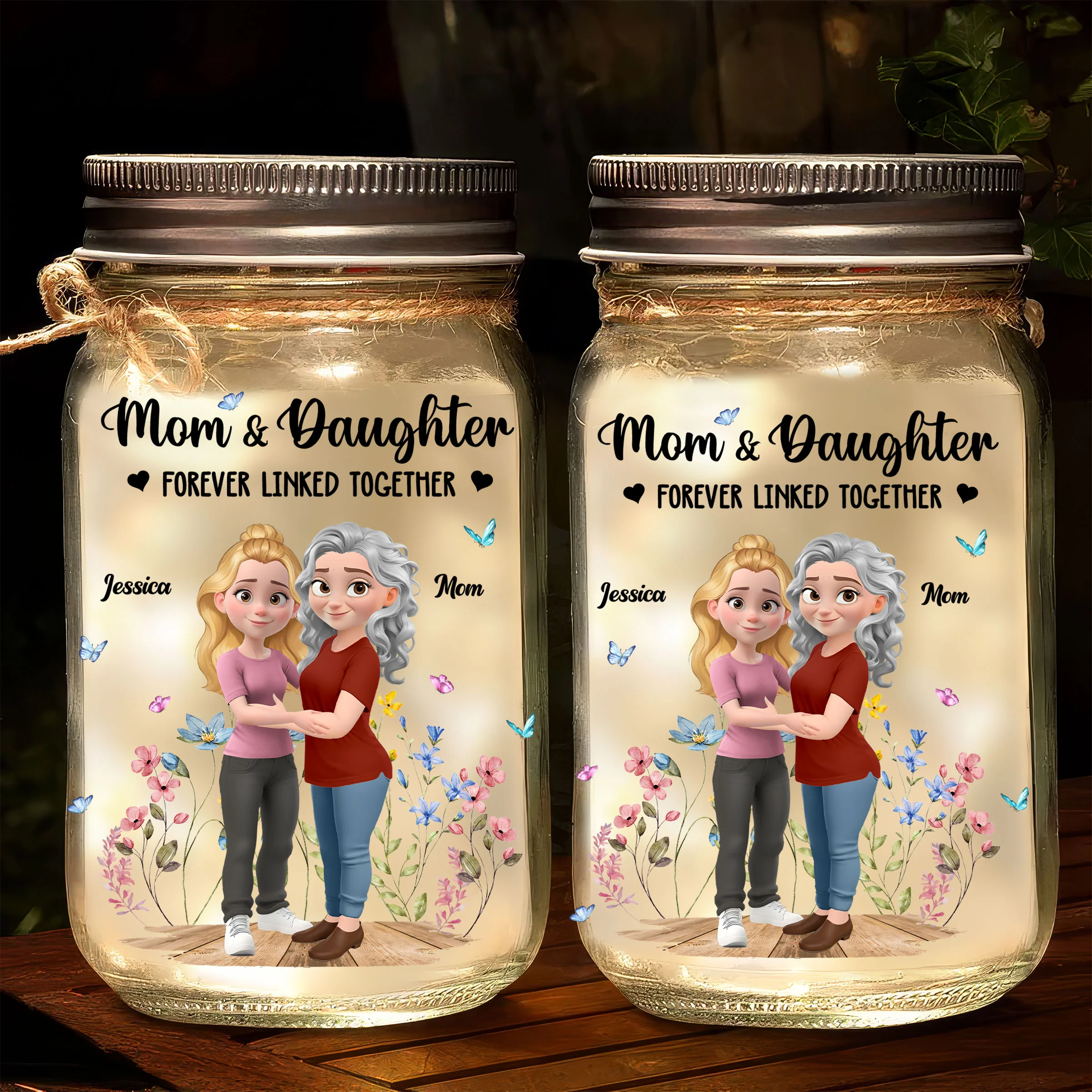 Mom And Daughter Forever Linked Together - Personalized Custom Mason Jar Light - Image 2