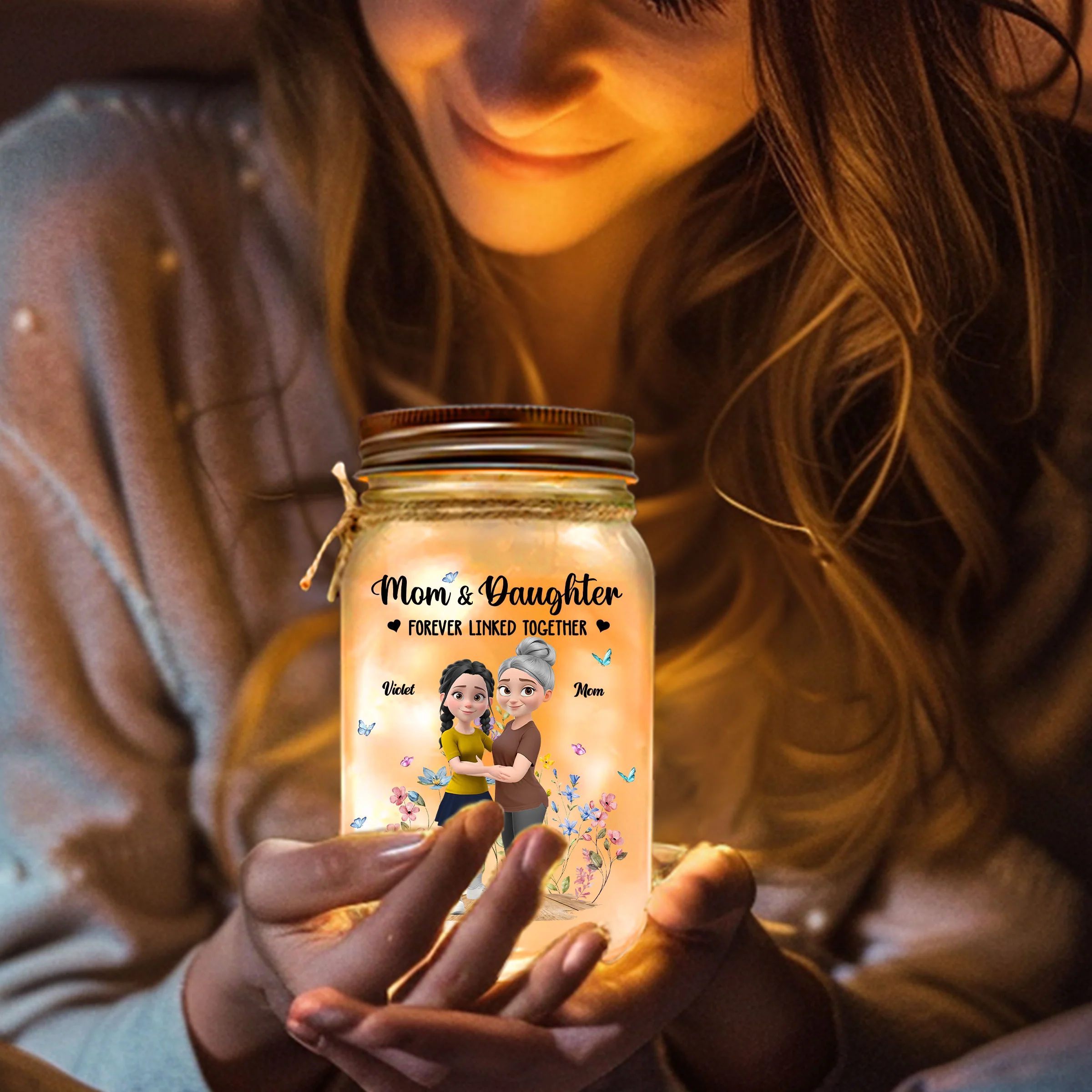 Mom And Daughter Forever Linked Together - Personalized Custom Mason Jar Light - Image 4