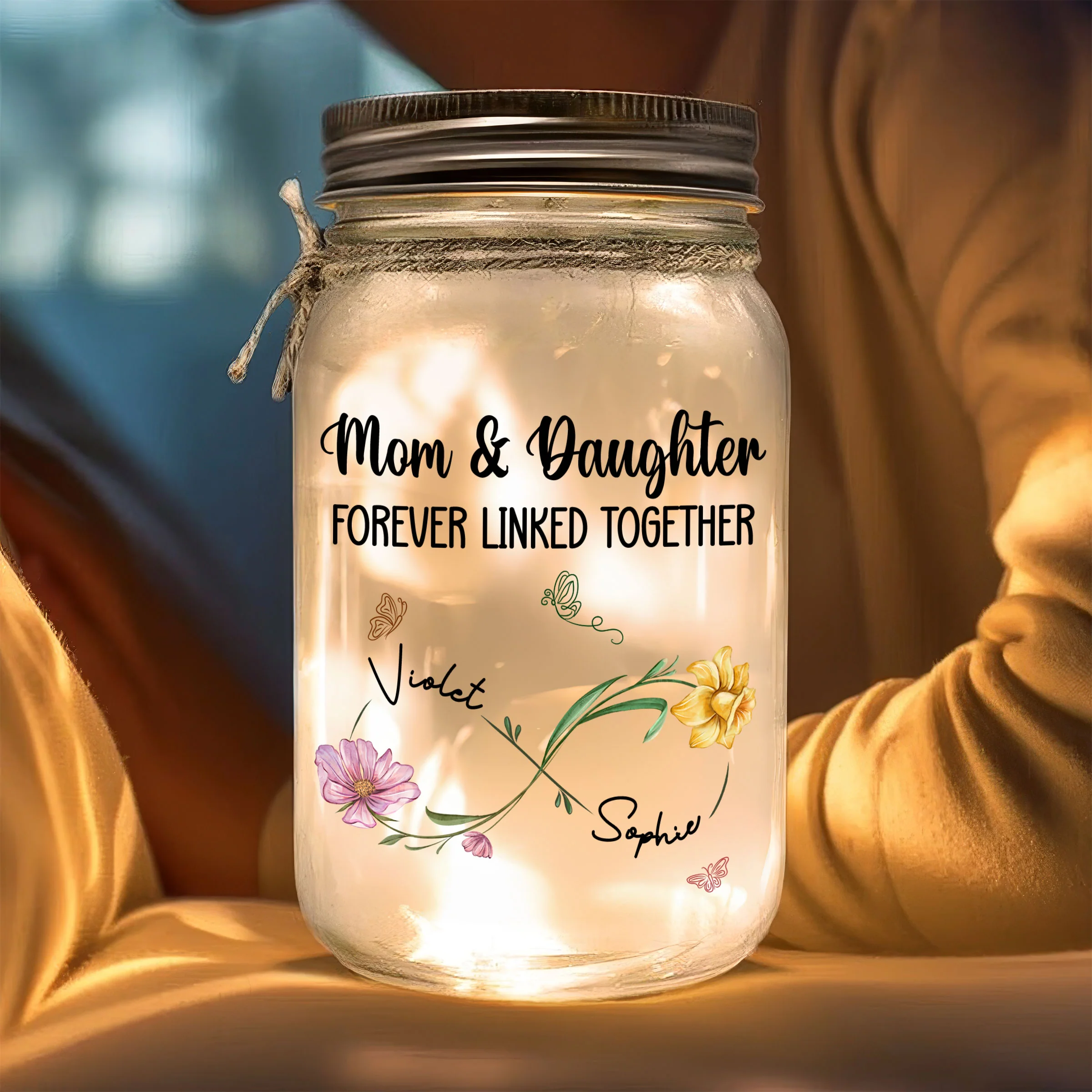 Mom And Daughter Forever Linked Together - Personalized Custom Mason Jar Light - Image 2