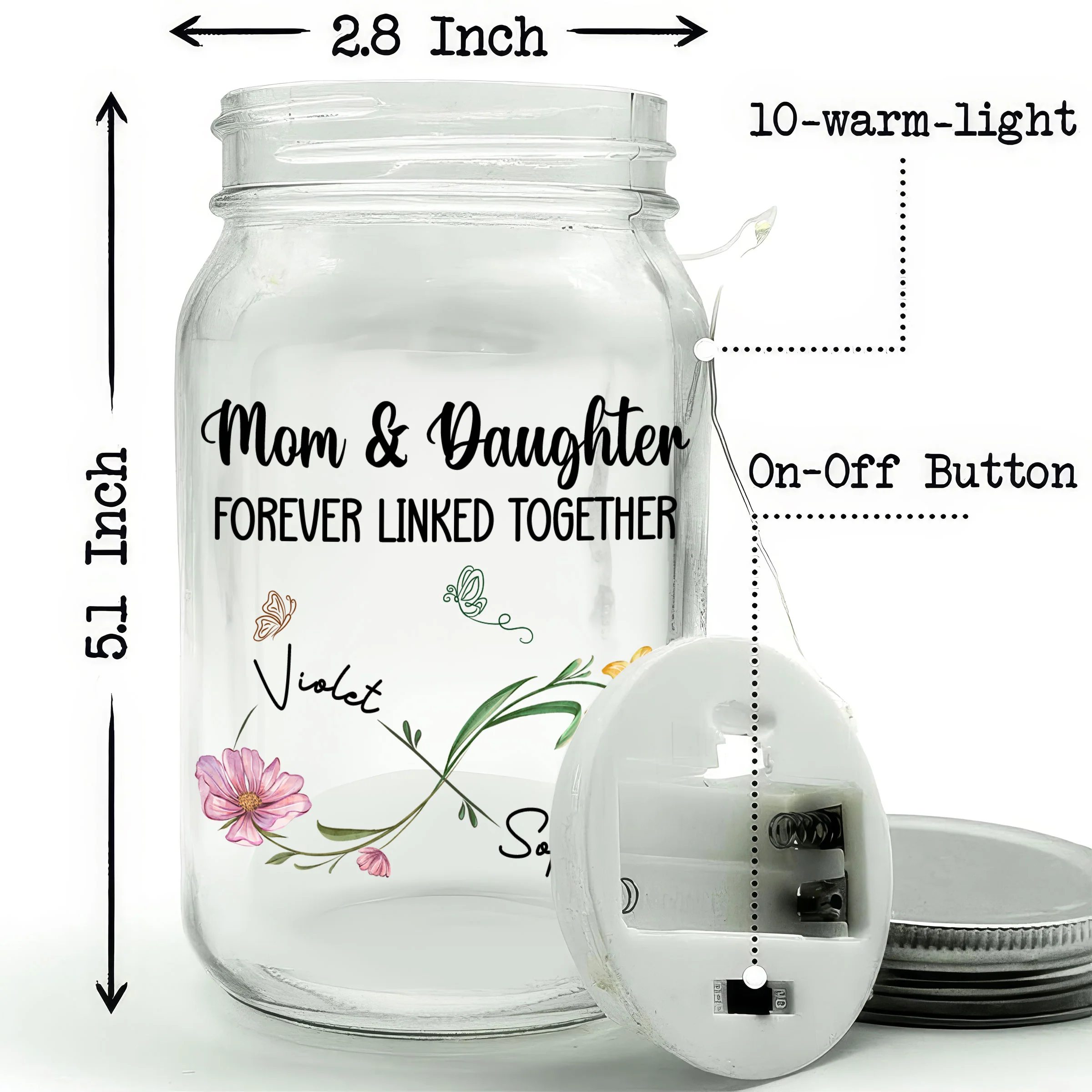 Mom And Daughter Forever Linked Together - Personalized Custom Mason Jar Light - Image 4