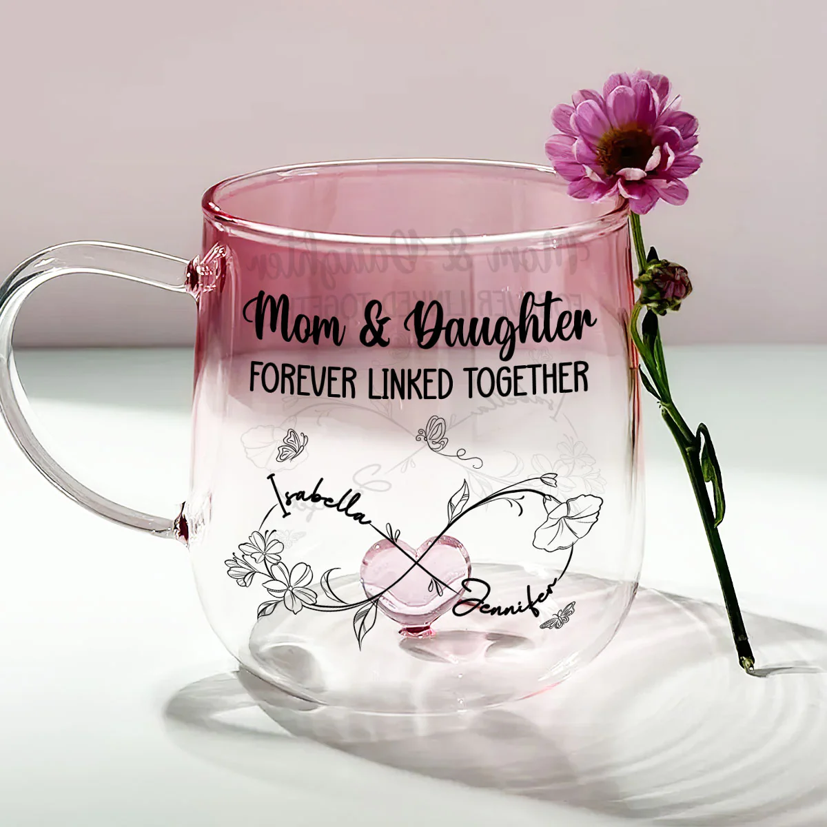 Mom And Daughter Forever Linked Together - Personalized Custom Pink Gradient Glass Mug - Image 3
