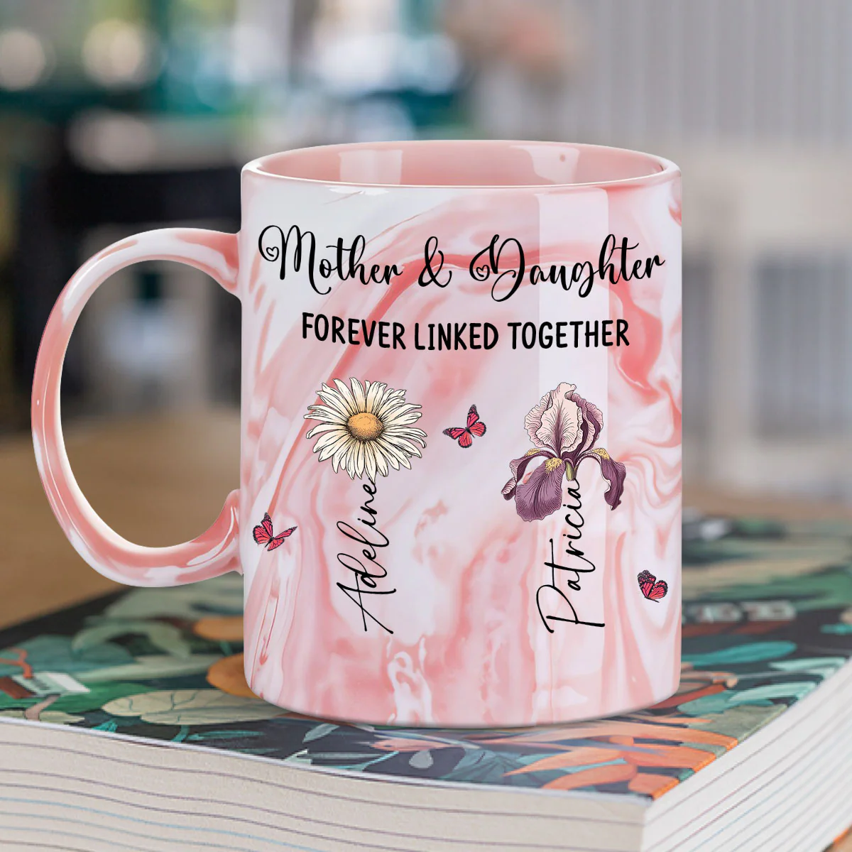 Mom And Daughter Forever Linked Together - Personalized Custom Pink Marble Mug - Image 2