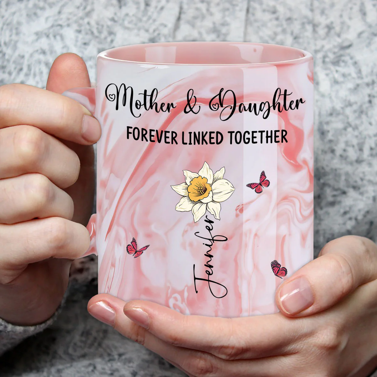 Mom And Daughter Forever Linked Together - Personalized Custom Pink Marble Mug - Image 3