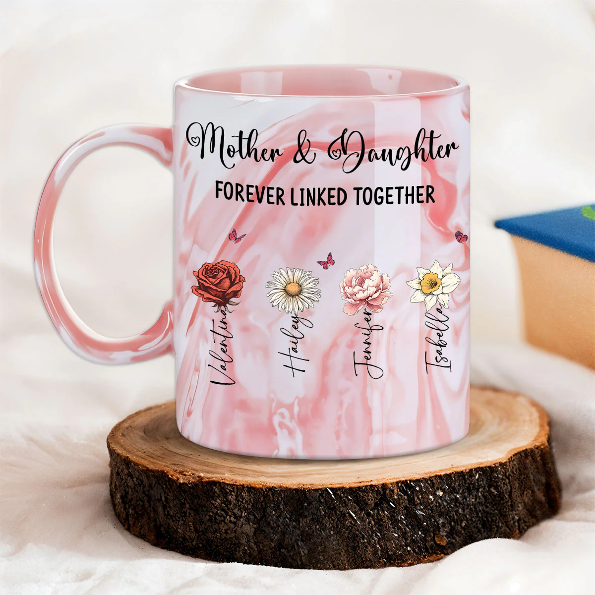 Mom And Daughter Forever Linked Together - Personalized Custom Pink Marble Mug - Image 4