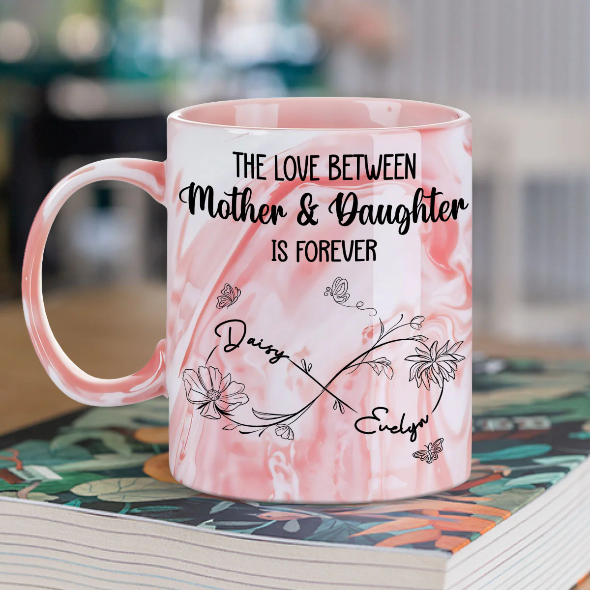 Mom And Daughter Forever Linked Together - Personalized Custom Pink Marble Mug - Image 2
