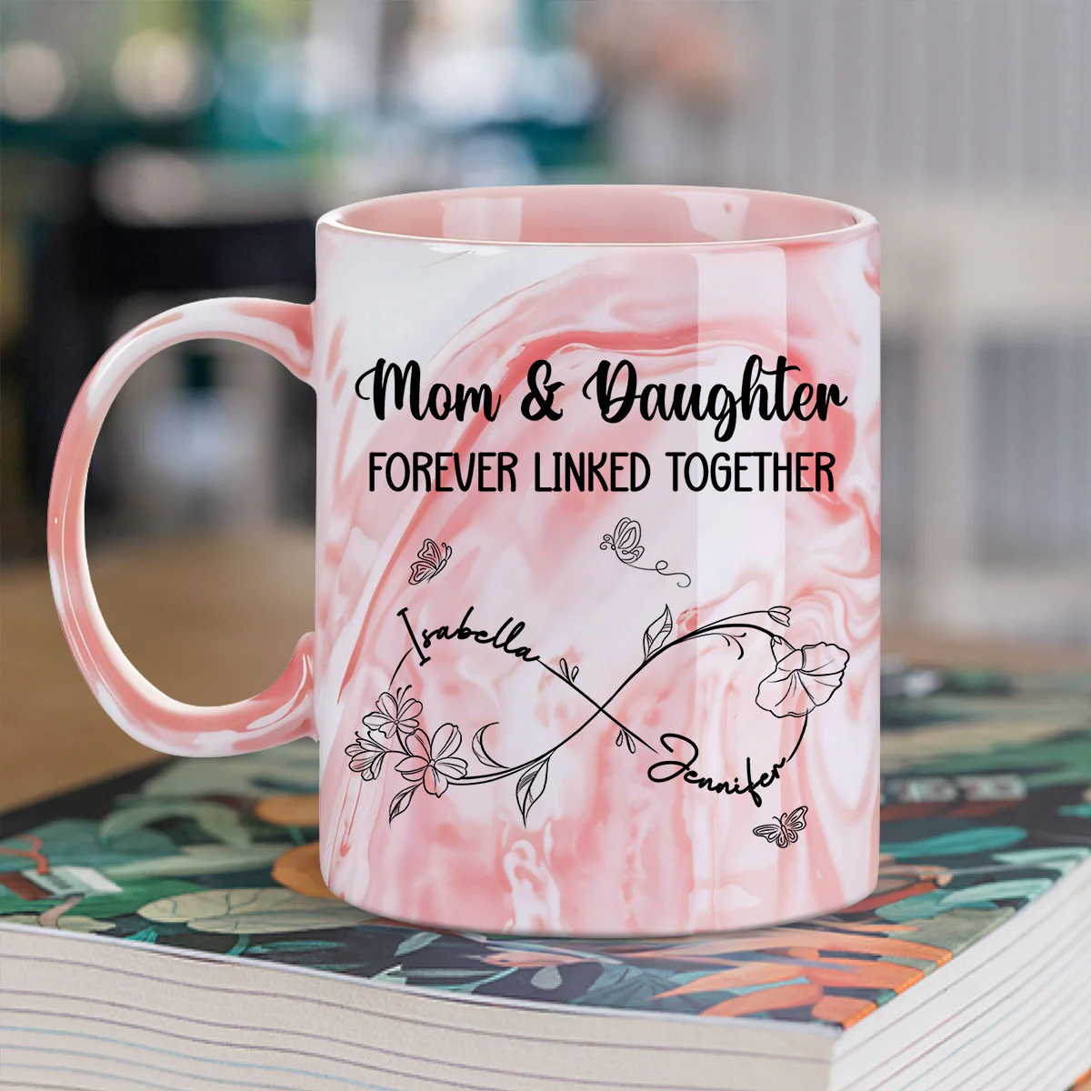 Mom And Daughter Forever Linked Together - Personalized Custom Pink Marble Mug - Image 5