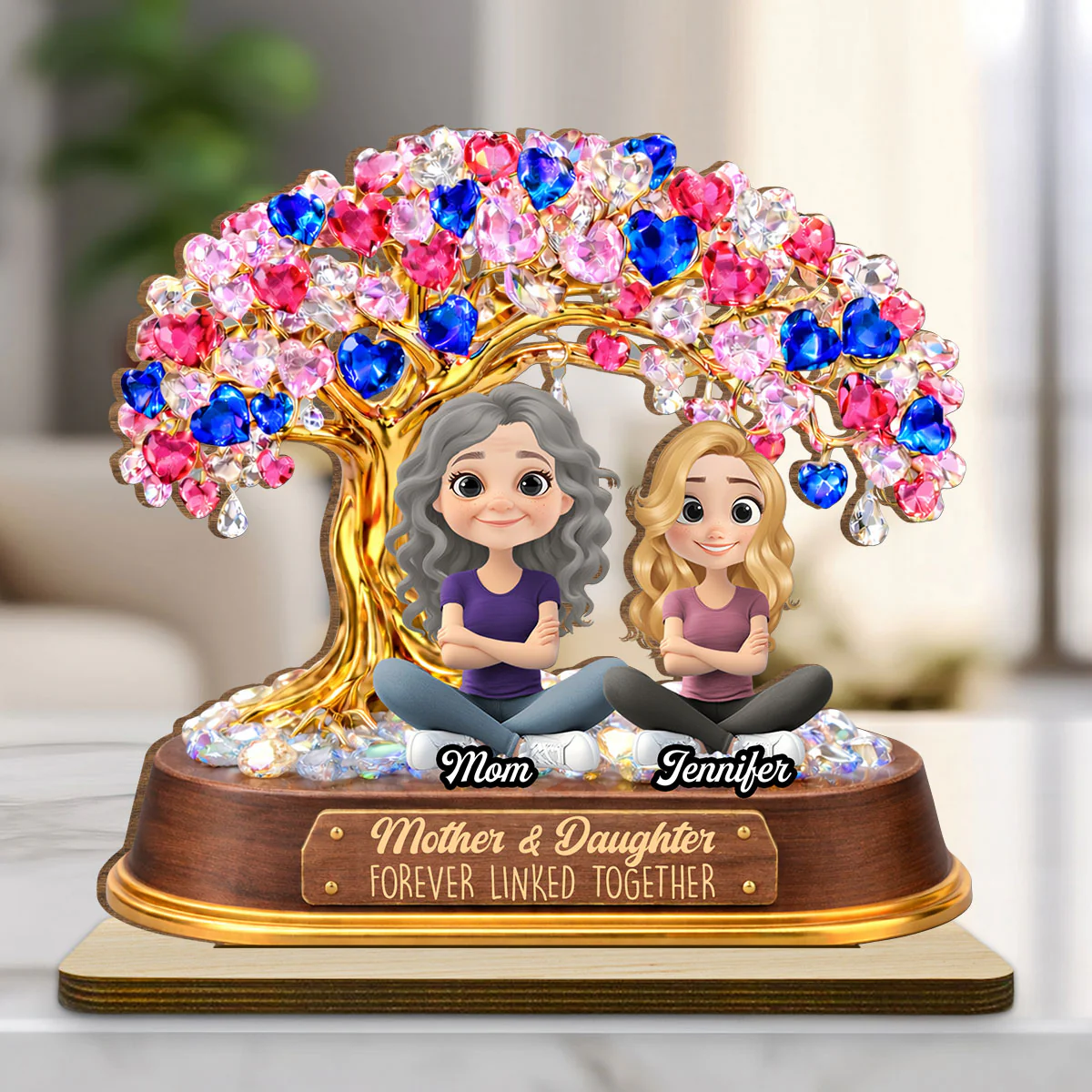Mom And Daughters Love Tree - Personalized Custom 2-Layer Wood Plaque With Flat Base