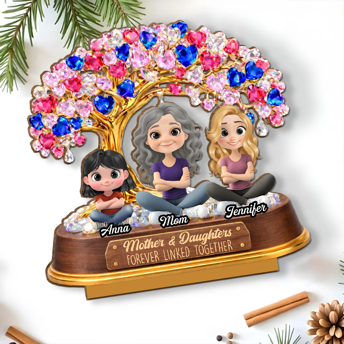 Mom And Daughters Love Tree - Personalized Custom 2-Layer Wood Plaque With Flat Base - Image 5
