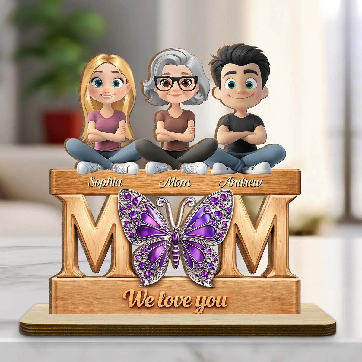 Mom And Her Kids - Personalized Custom 2-Layer Wood Plaque With Flat Base