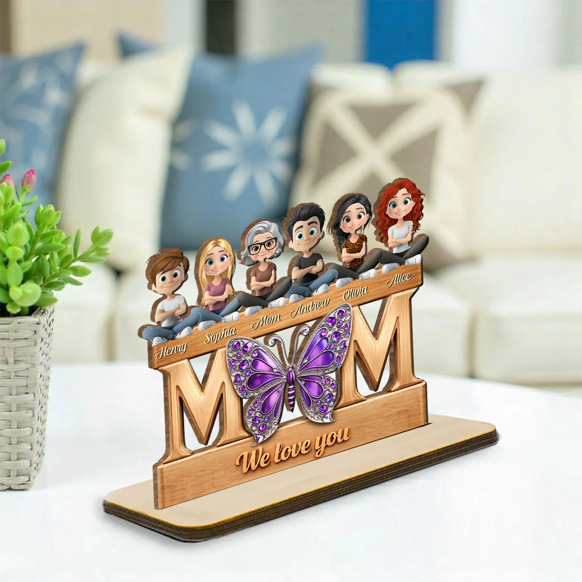 Mom And Her Kids - Personalized Custom 2-Layer Wood Plaque With Flat Base - Image 3